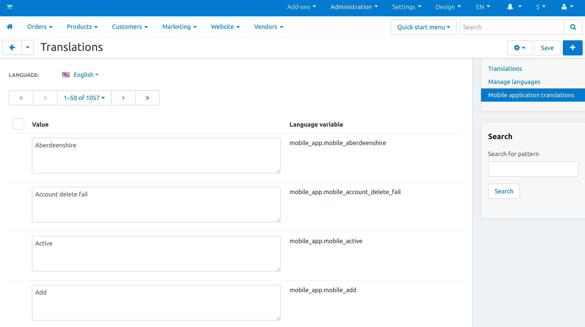 Mobile application translations in Multi-Vendor admin panel.