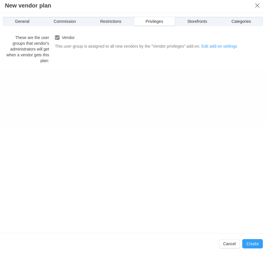 The privileges tab of a vendor plan