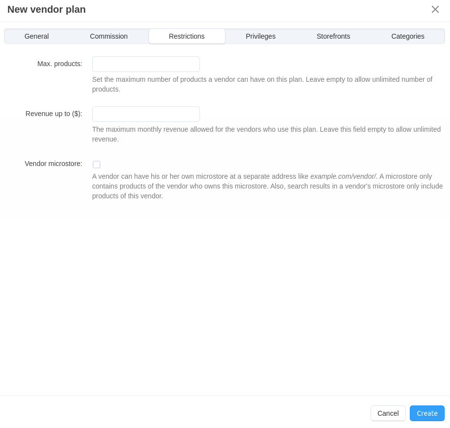 The "Restrictions" tab of a vendor plan.