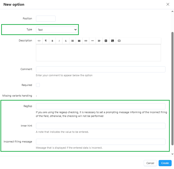 Text or Text Area option types