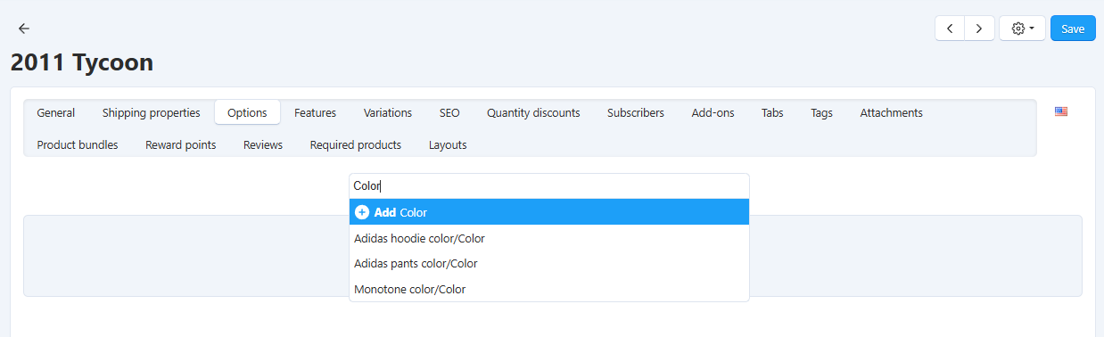 The option creation from the product page in CS-Cart.