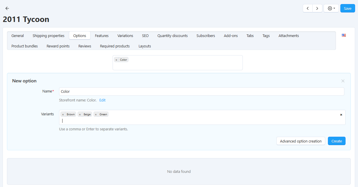 The option creation from the product page in CS-Cart.