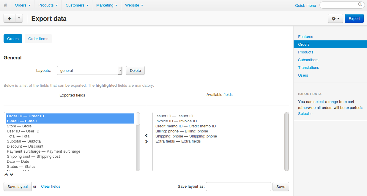 The list of exported fields for orders.