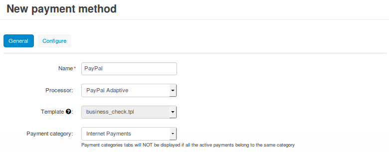 The general settings of a PayPal Adaptive payment method.