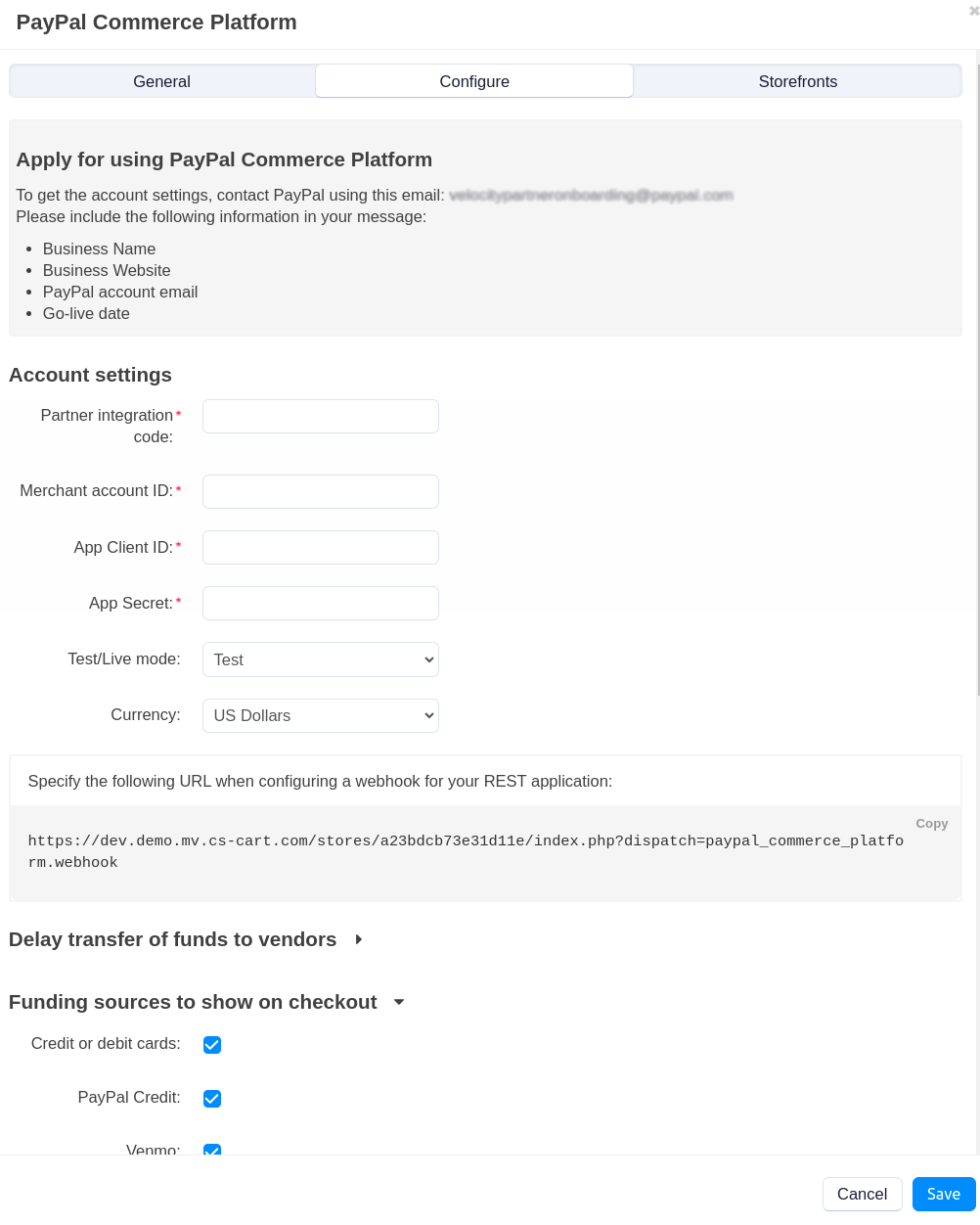 Configure tab in the settings of the paypal commerce platform add-on