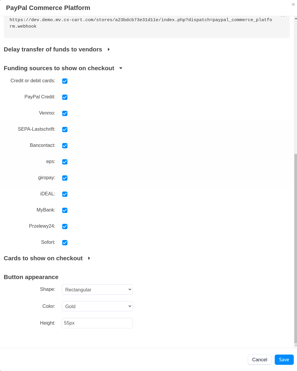 Configure tab in the settings of the paypal commerce platform add-on