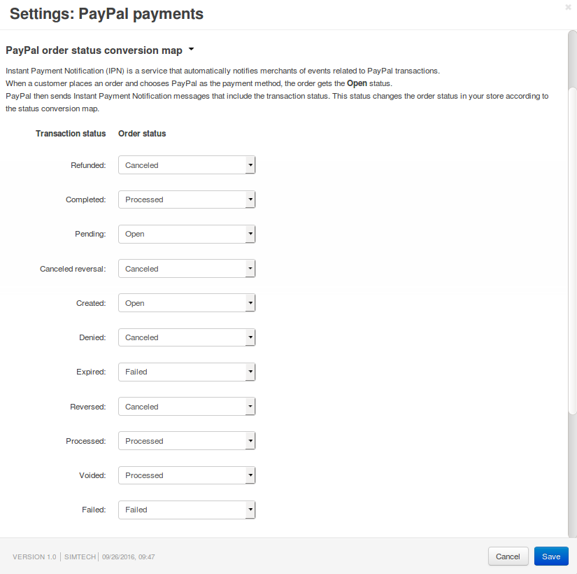 The status conversion map for CS-Cart and PayPal.