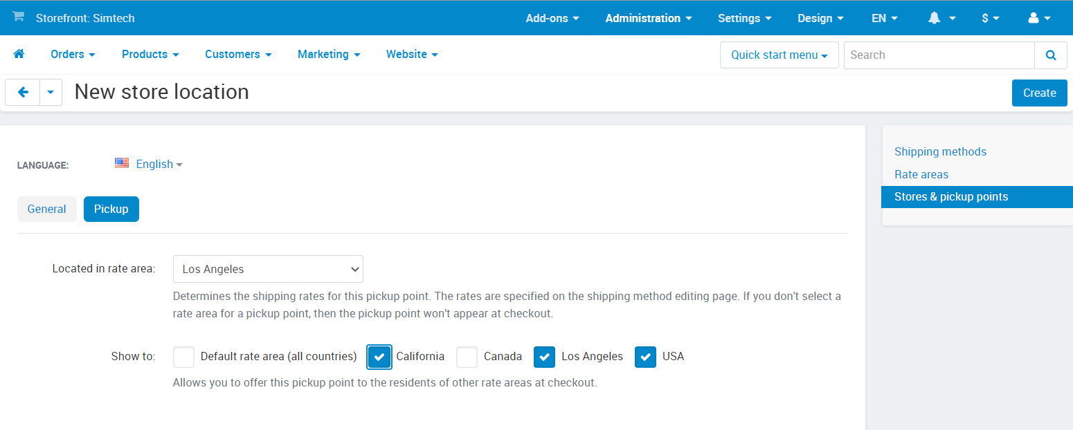 Select all the rate areas where the pickup point is supposed to appear at checkout.