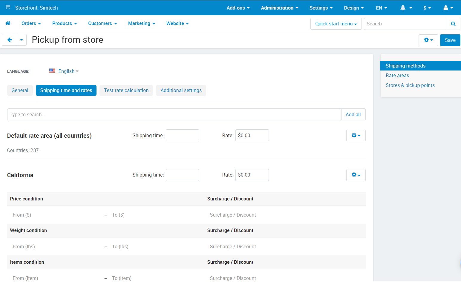 Shipping time and rates for "Pickup from store" shipping method.