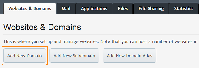 Click Add New Domain on the Websites and Domains page.
