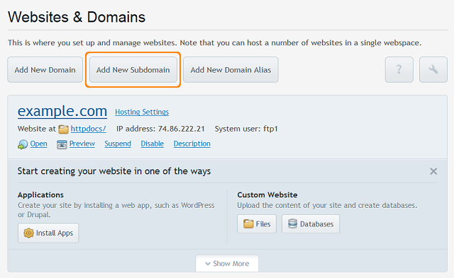 Add new subdomain in Plesk 12.