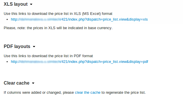 XLS layout and PDF layout sections