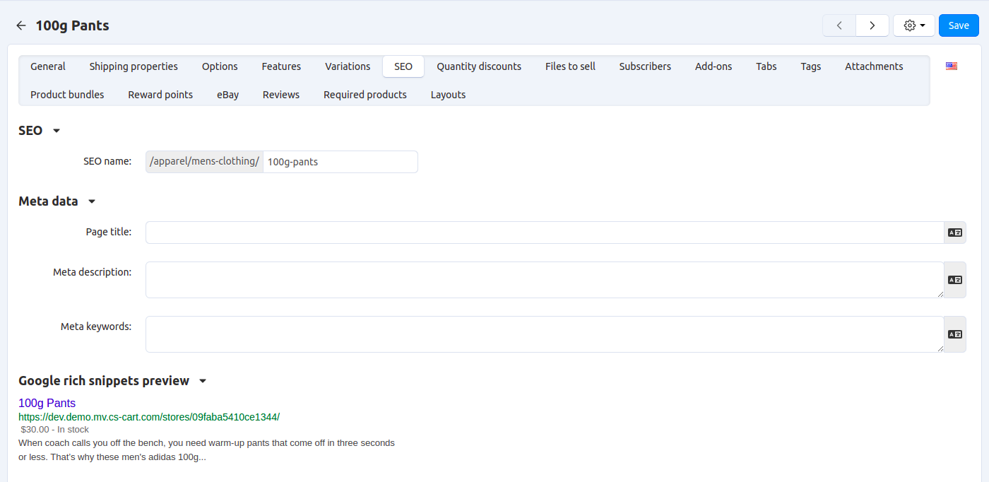 The "SEO" tab of a product in CS-Cart.