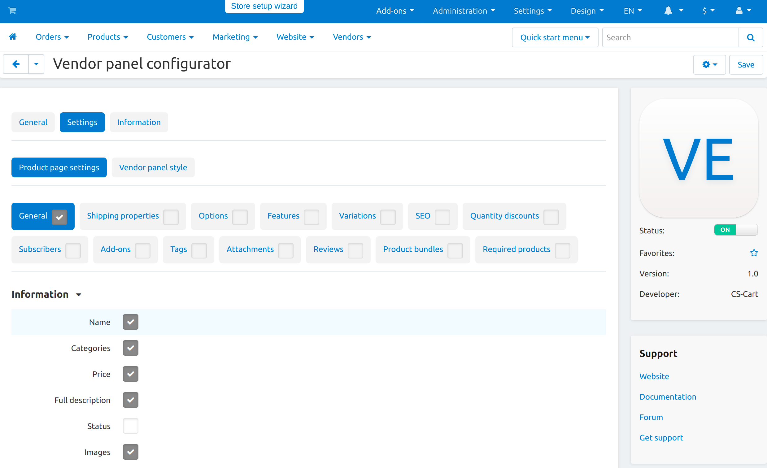 Product page settings in the "Vendor panel configurator" add-on.