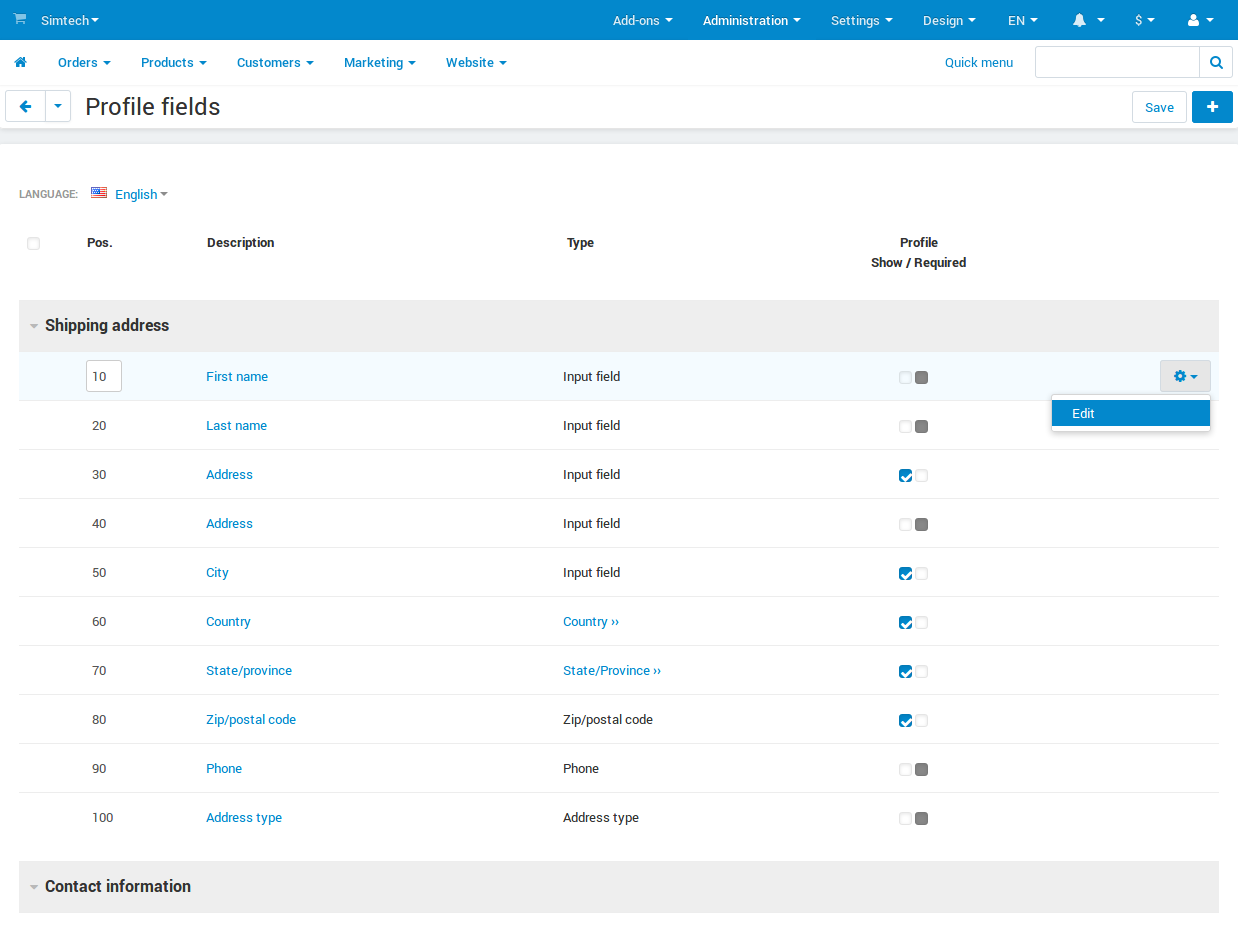 The list of profile fields in the administration panel.