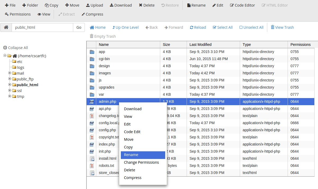 Renaming admin.php in cPanel File Manager.