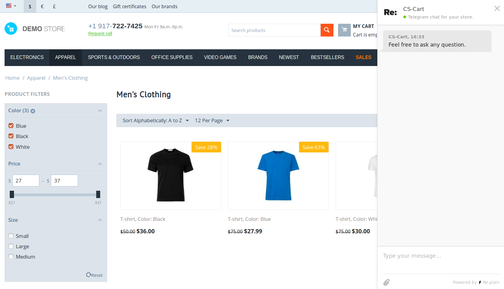Telegram chat by Re:plain in a CS-Cart store.