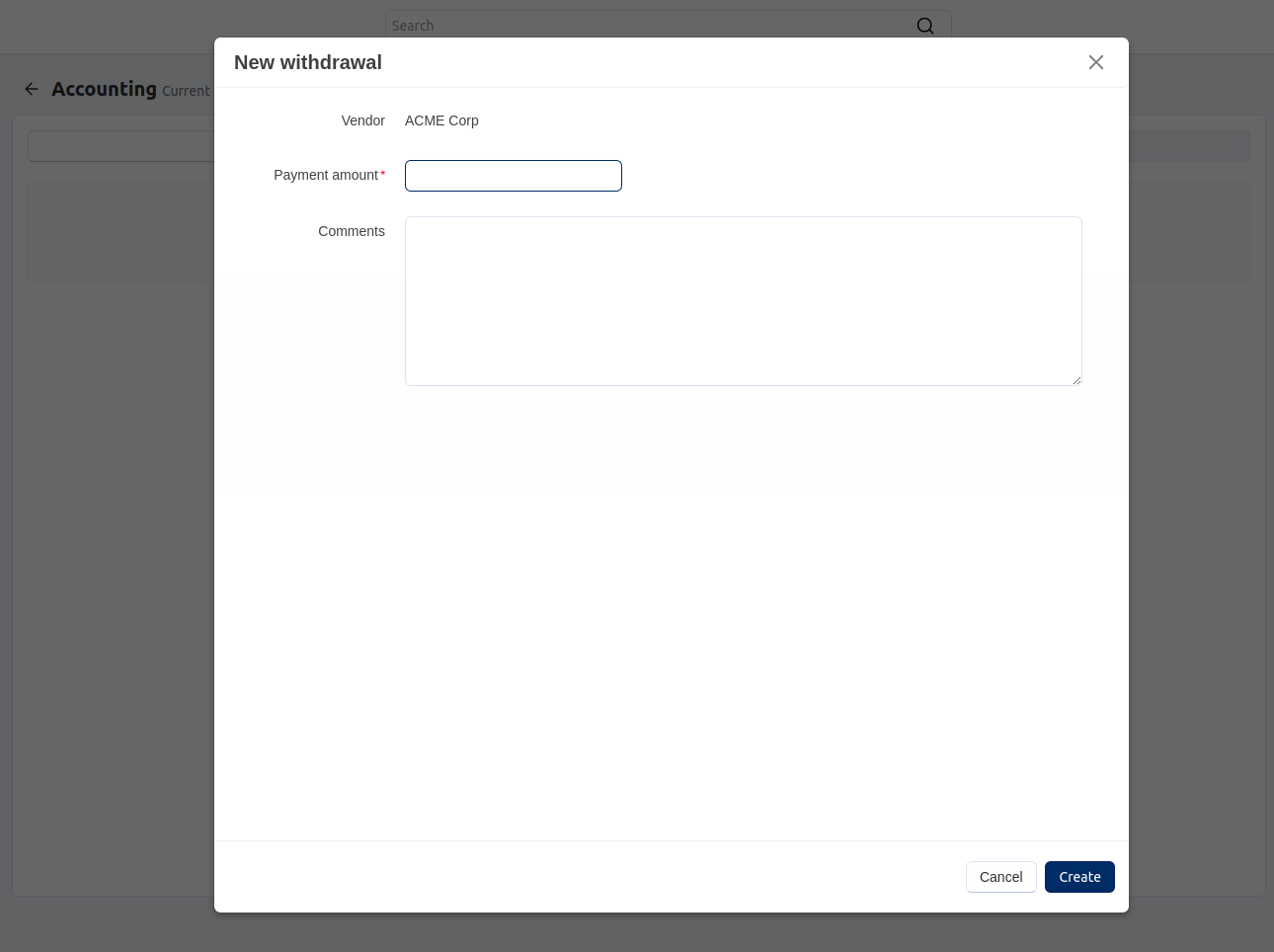 Fill in the fields in the withdrawal creation pop-up.