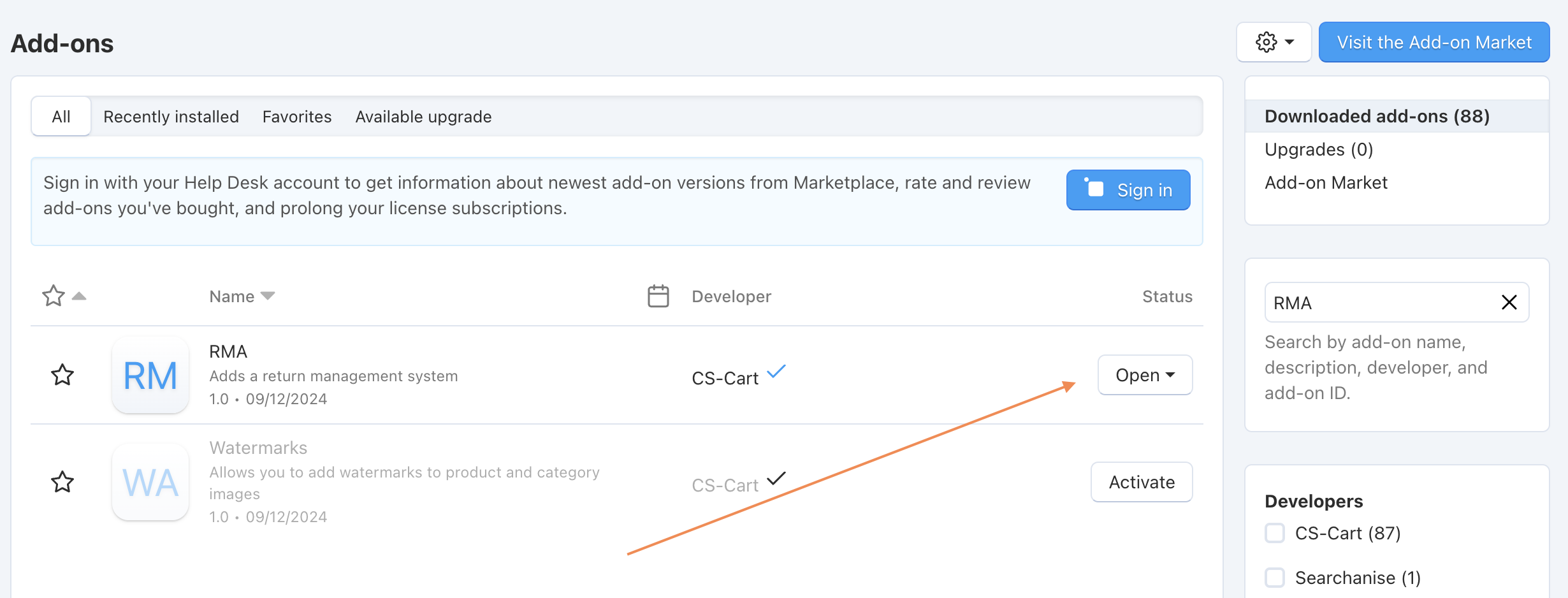 RMA add-on is active.