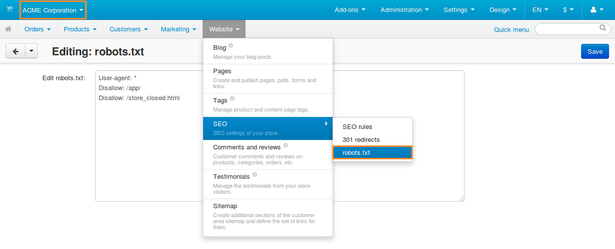 Starting with version 4.6.1, CS-Cart supports different robots.txt instructions for different storefronts.