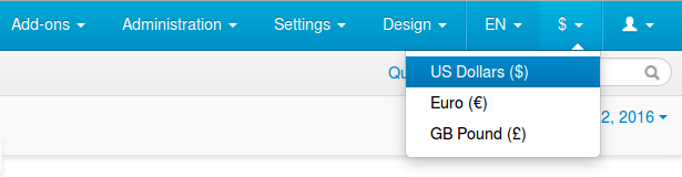 The primary currency always appears in the Administration panel's currency selector.