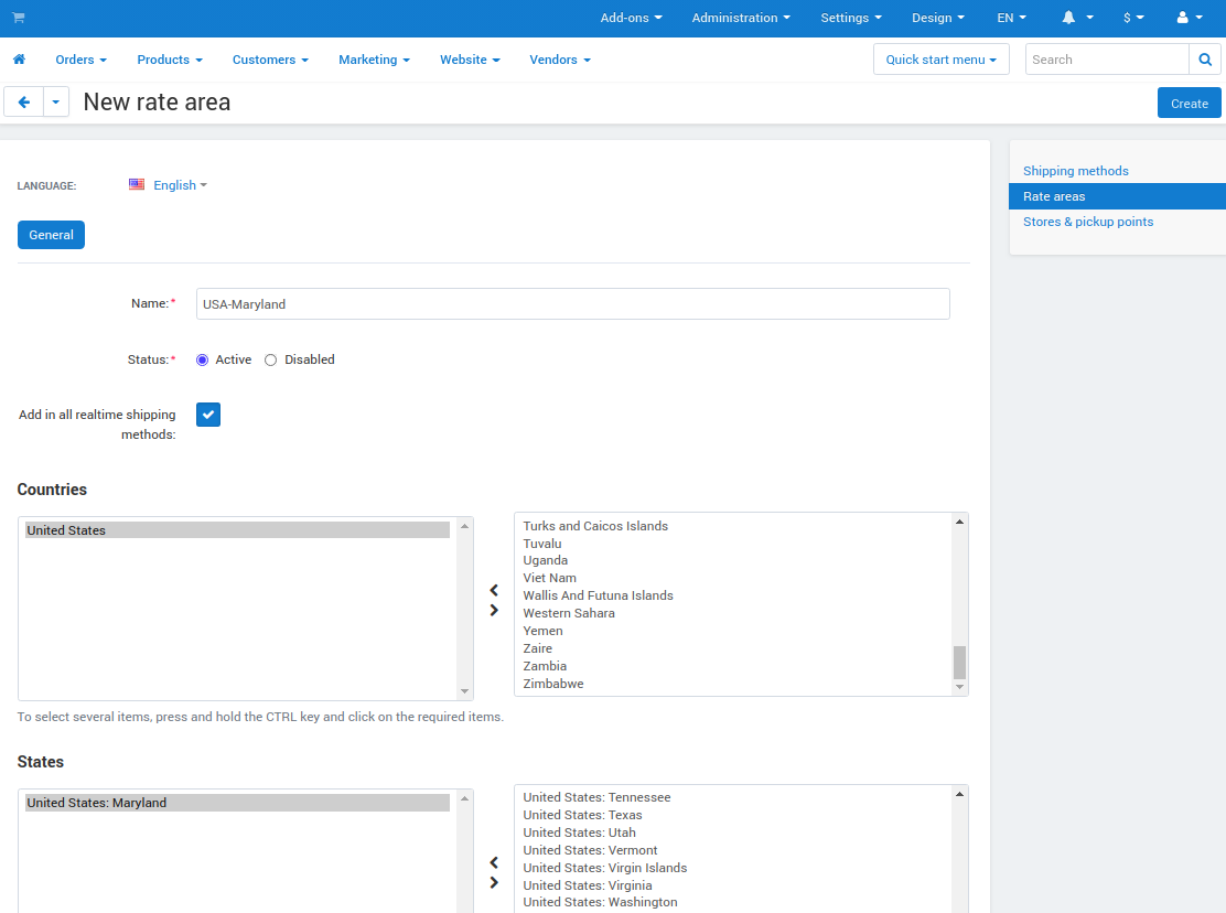 Setting up a rate area in CS-Cart.