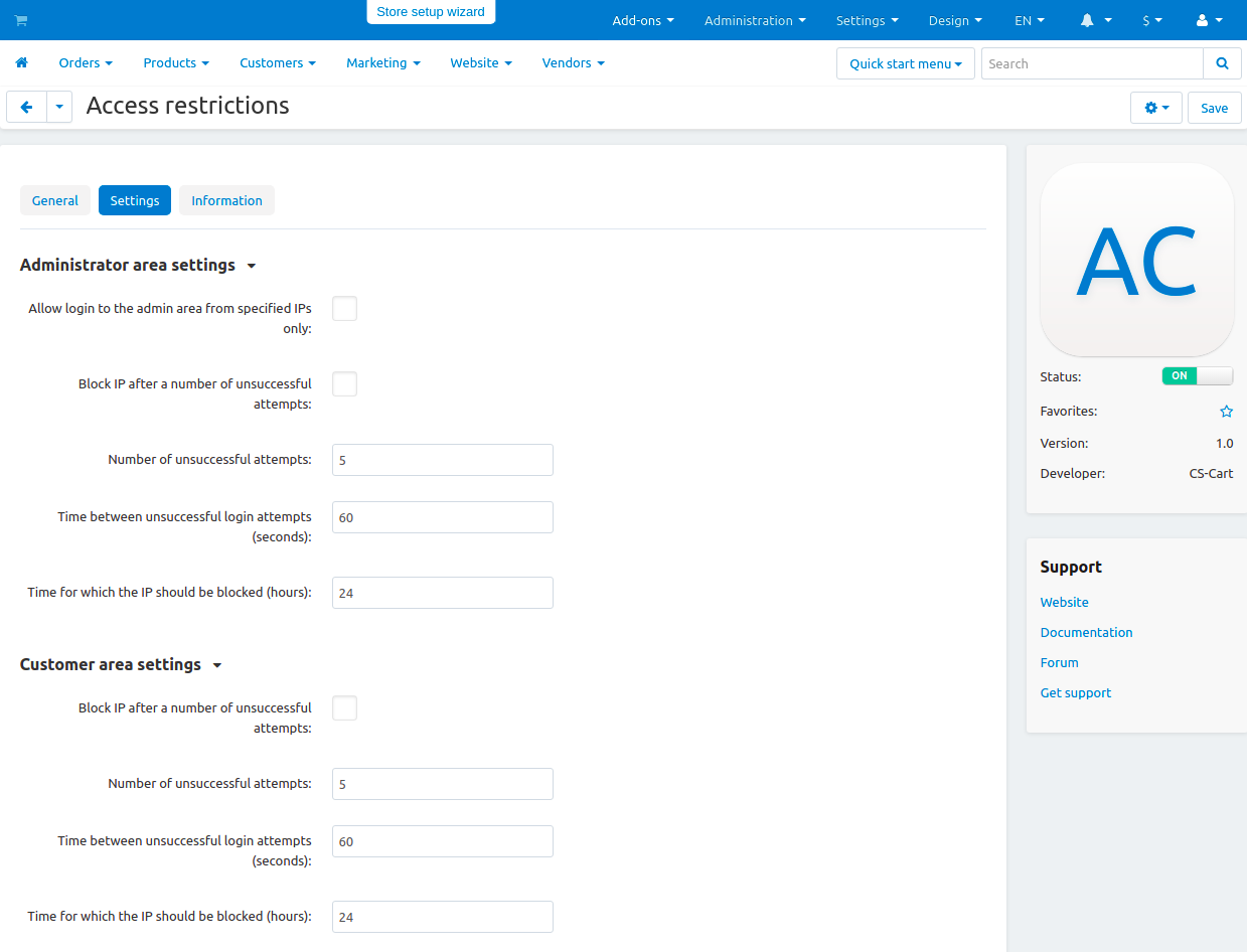 The Access restrictions add-on settings.