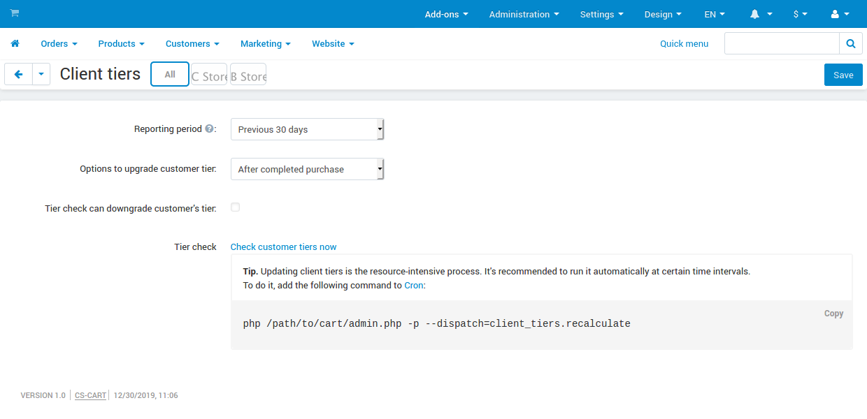 The settings of the Client Tiers add-on in CS-Cart B2B softwate.