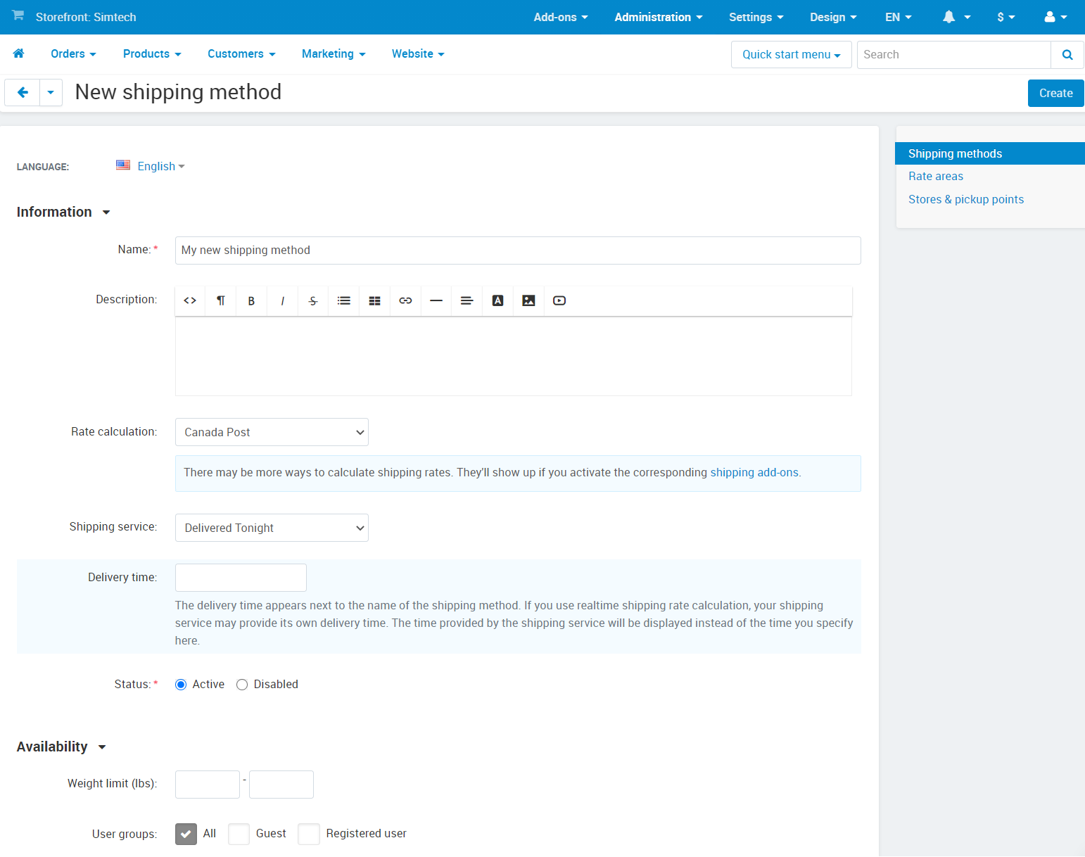 The shipping method creation page in CS-Cart and Multi-Vendor.