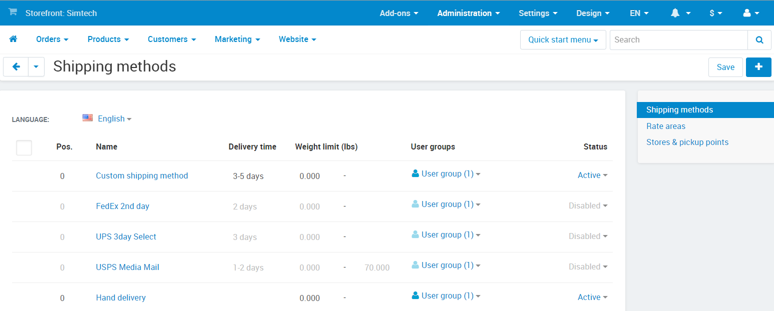 The list of shipping methods in CS-Cart and Multi-Vendor.