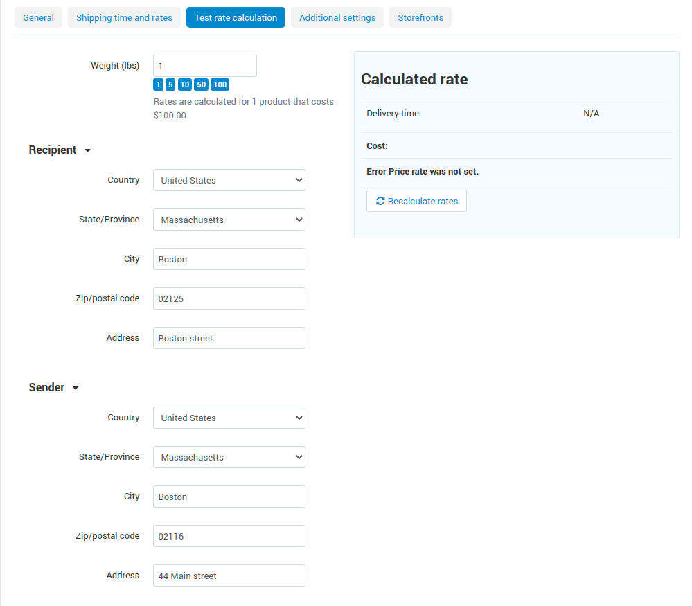 Recalculation of rates in the shipping method settings