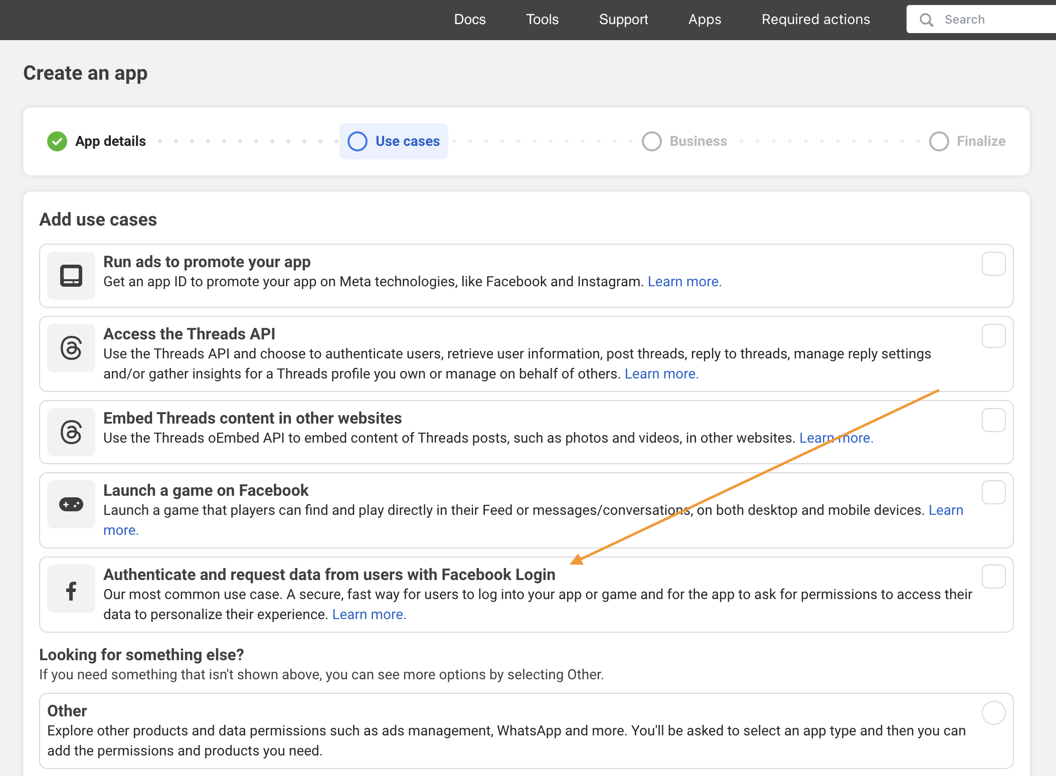 Choose Facebook Login when creating an app.