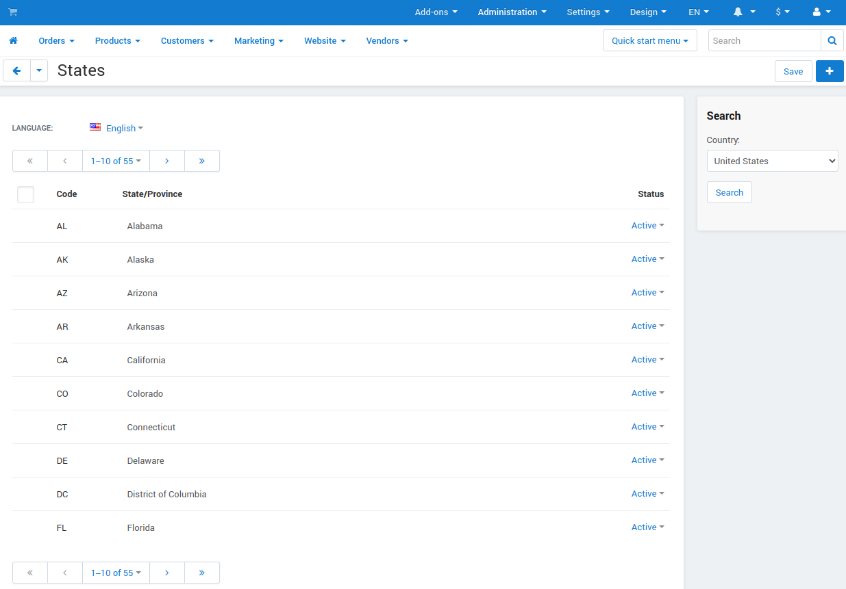 The list of states in CS-Cart and Multi-Vendor.