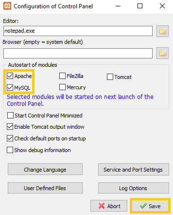 Configuring autostart for Apache and MySQL