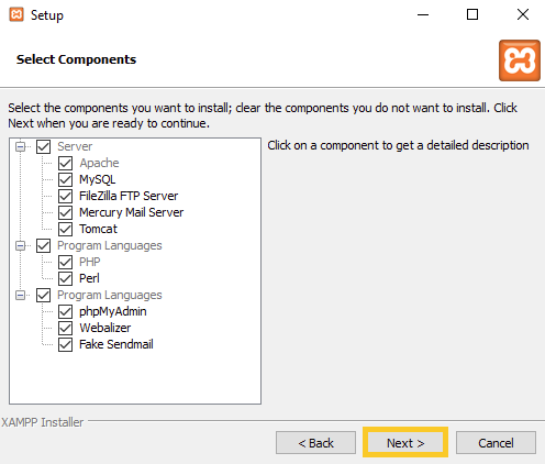 Selecting XAMPP components