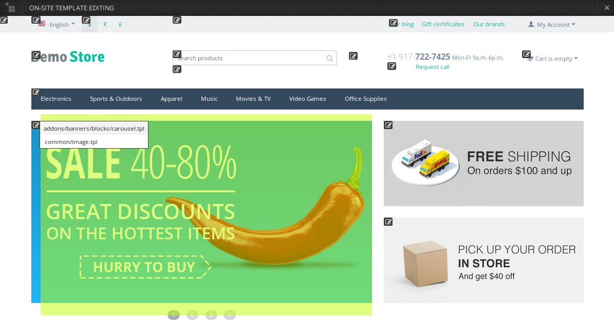 CS-Cart storefront in the template editing mode