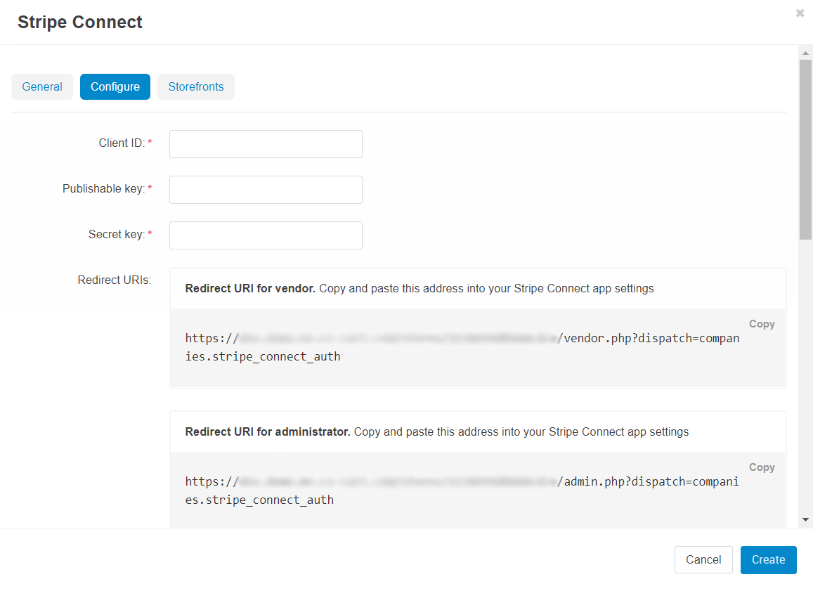 The Configure tab of the Stripe Connect payment method.