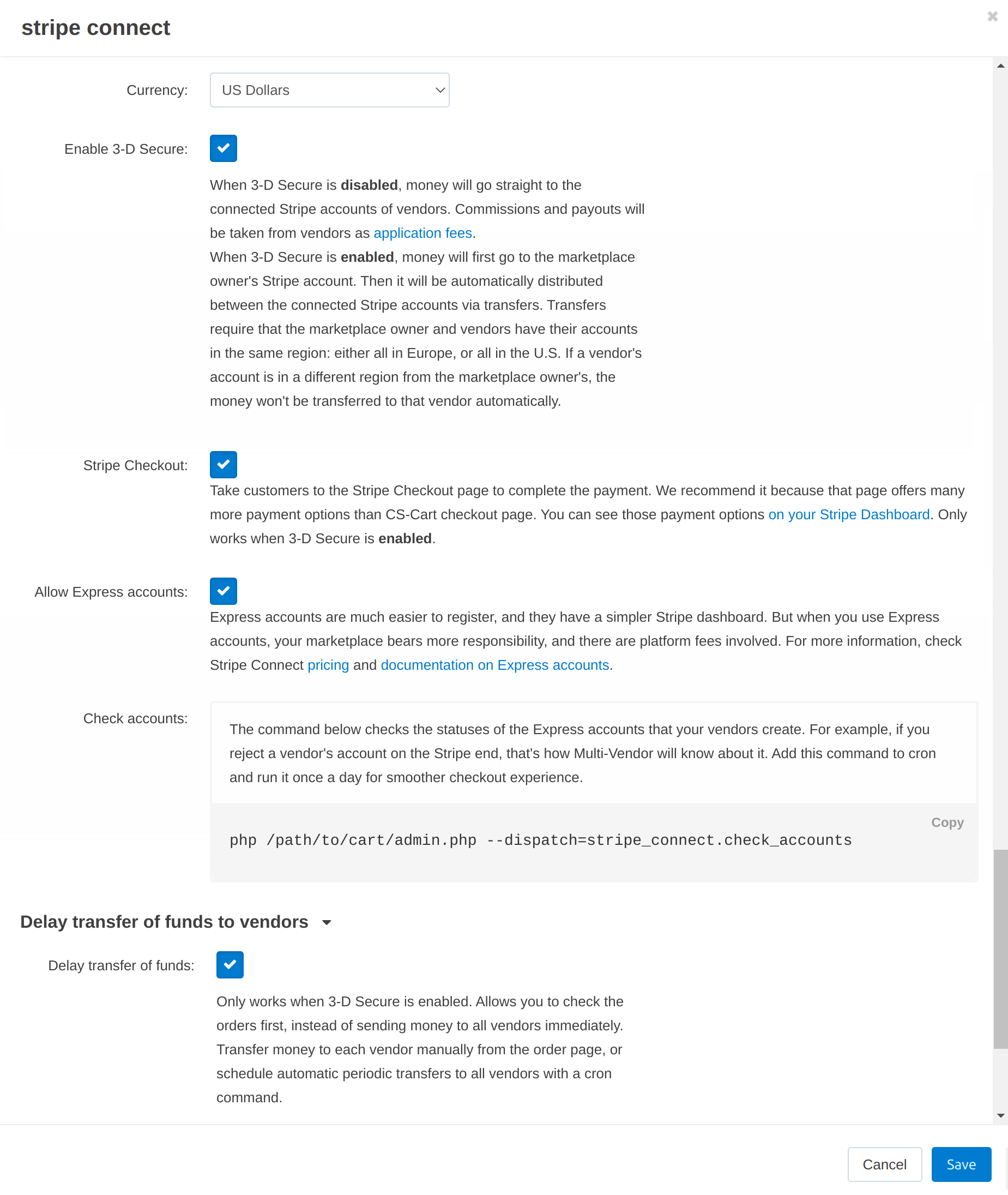 The Configure tab of the Stripe Connect payment method.