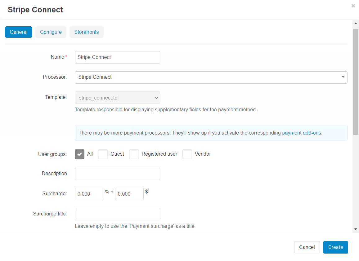 The General tab of the Stripe Connect payment method.