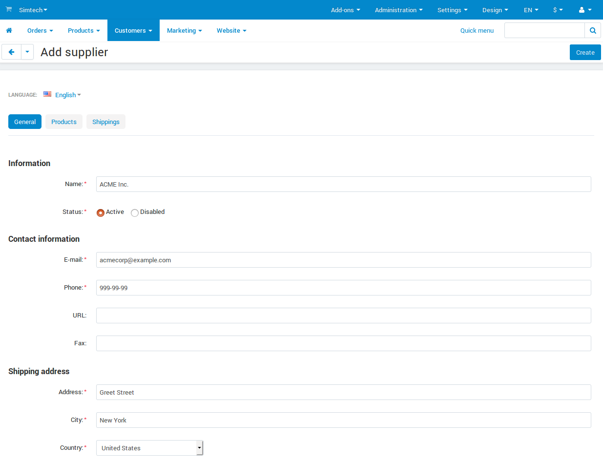 Supplier creation form in CS-Cart.