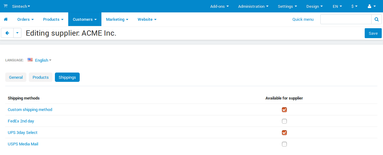 Tick the checkboxes to enable the corresponding shipping methods for the selected supplier.