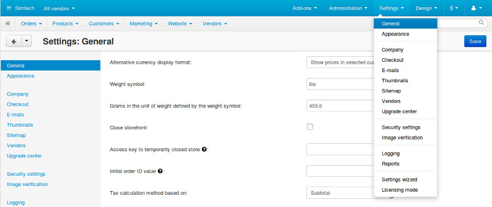 Core settings in Multi-Vendor administration panel.