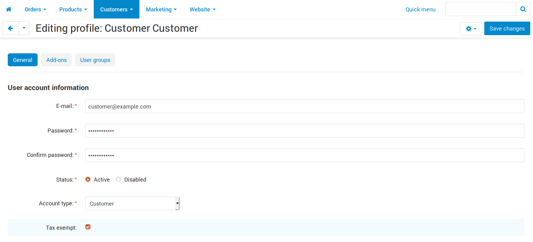 Tick the Tax Exempt checkbox to make the customer exempt from taxes.