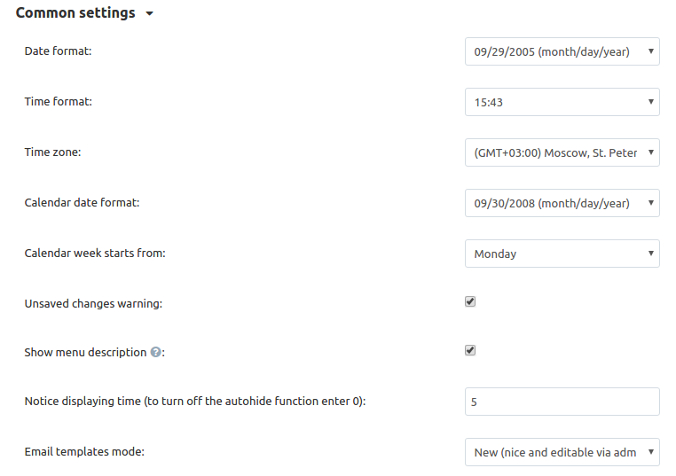 Configure time and date in the Common section under Settings → Appearance.