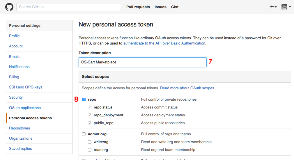 Enter token description and set repo as scope.
