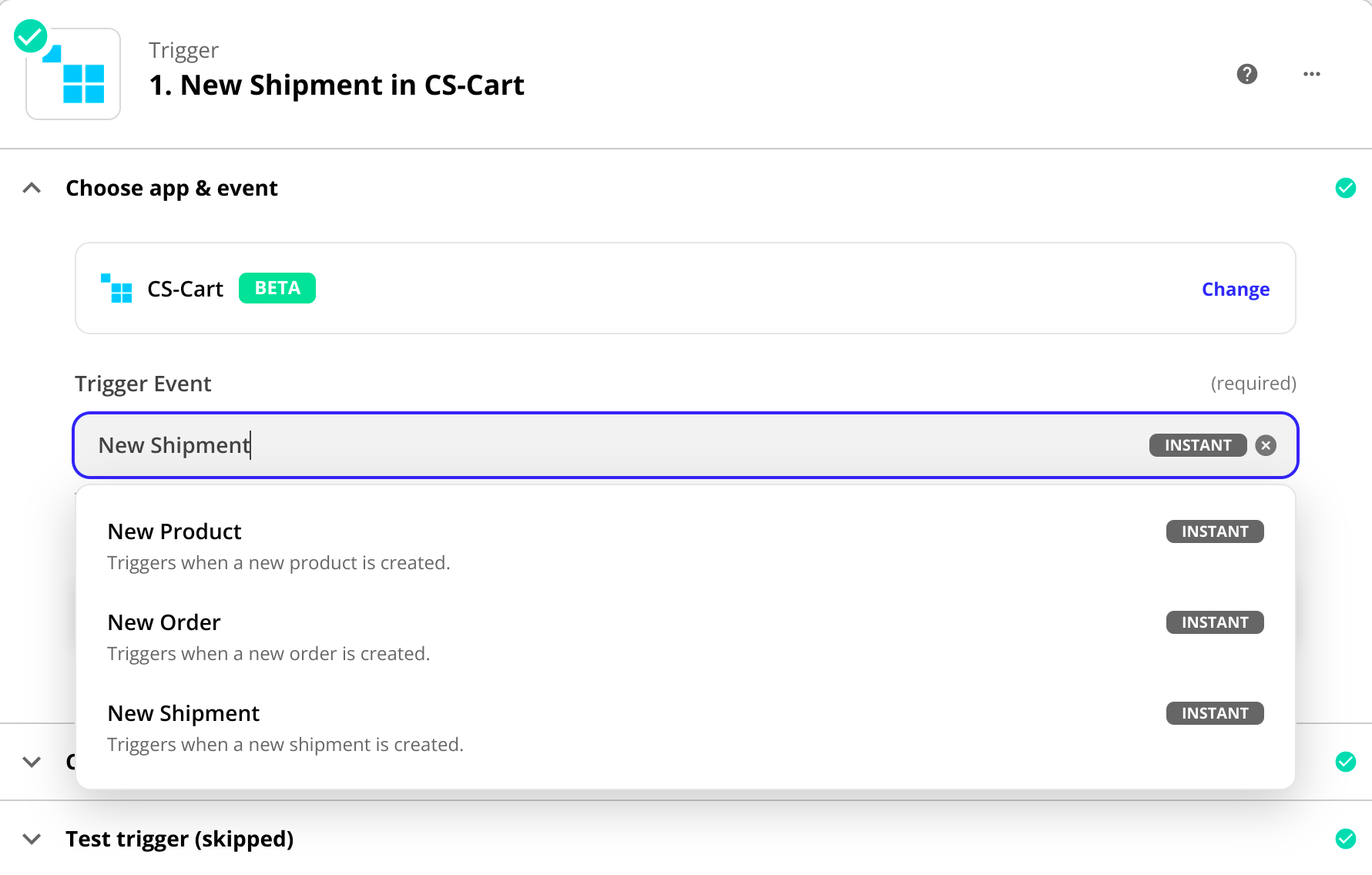 Possible trigger events when CS-Cart is chosen as an app.