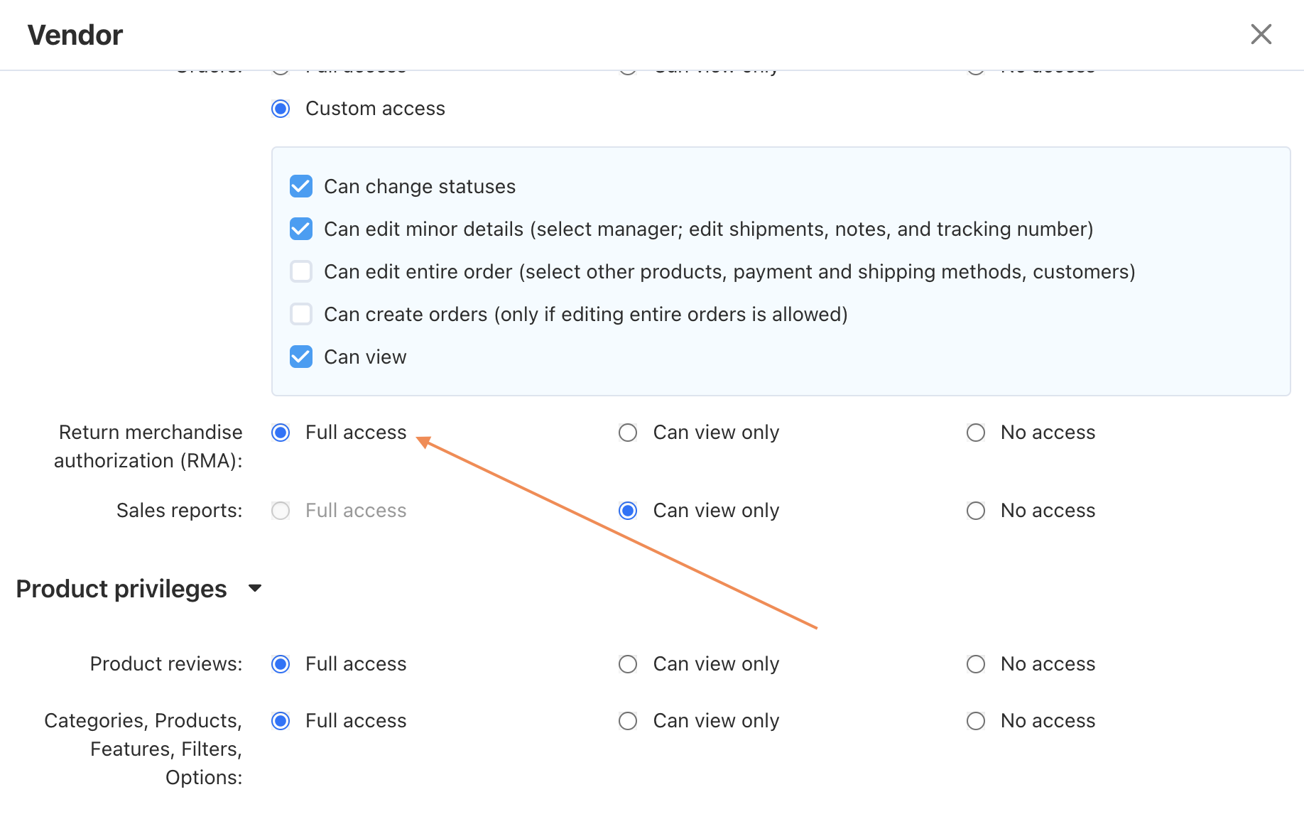 Full access for RMA for vendor.