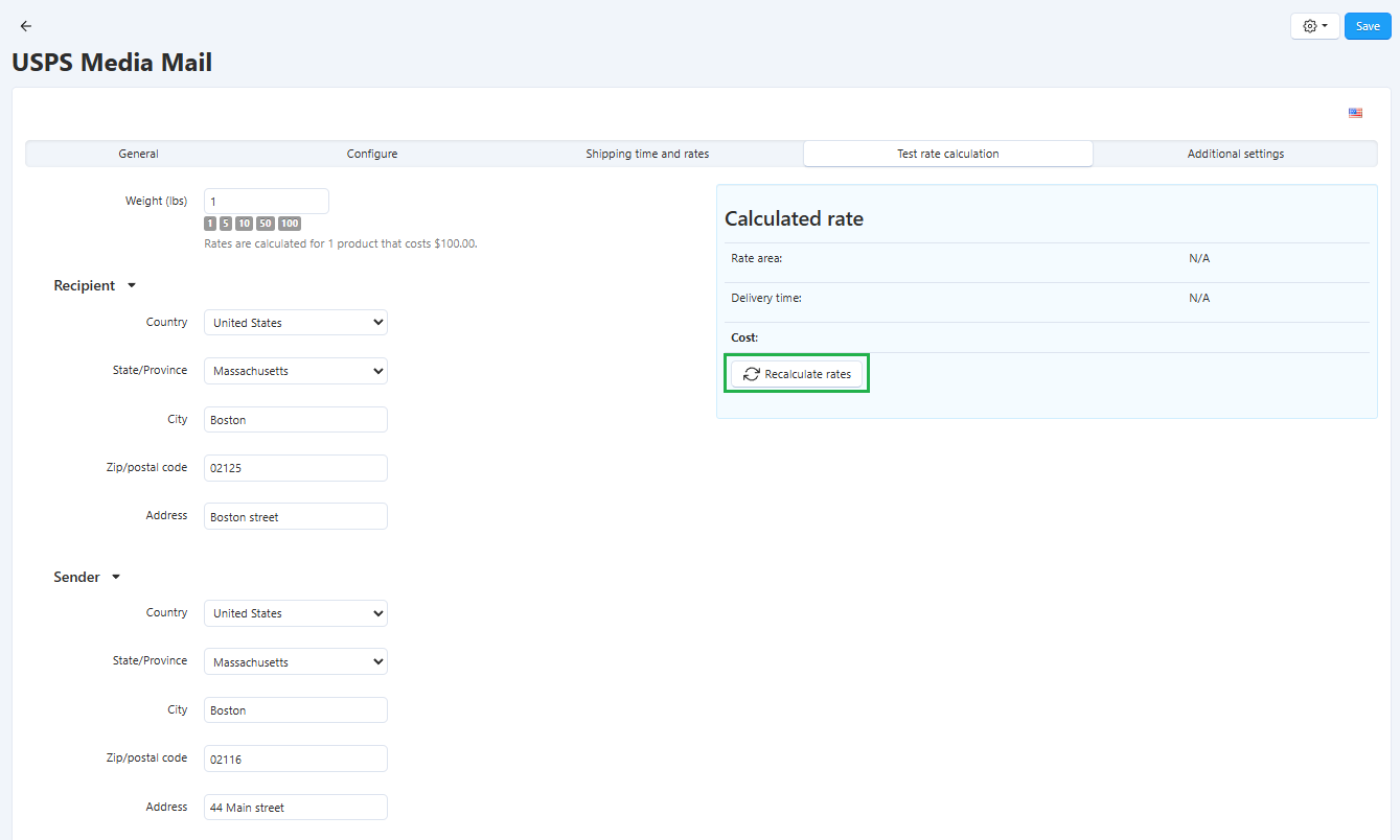 Test rate calculation for USPS shipping method in CS-Cart and Multi-Vendor.