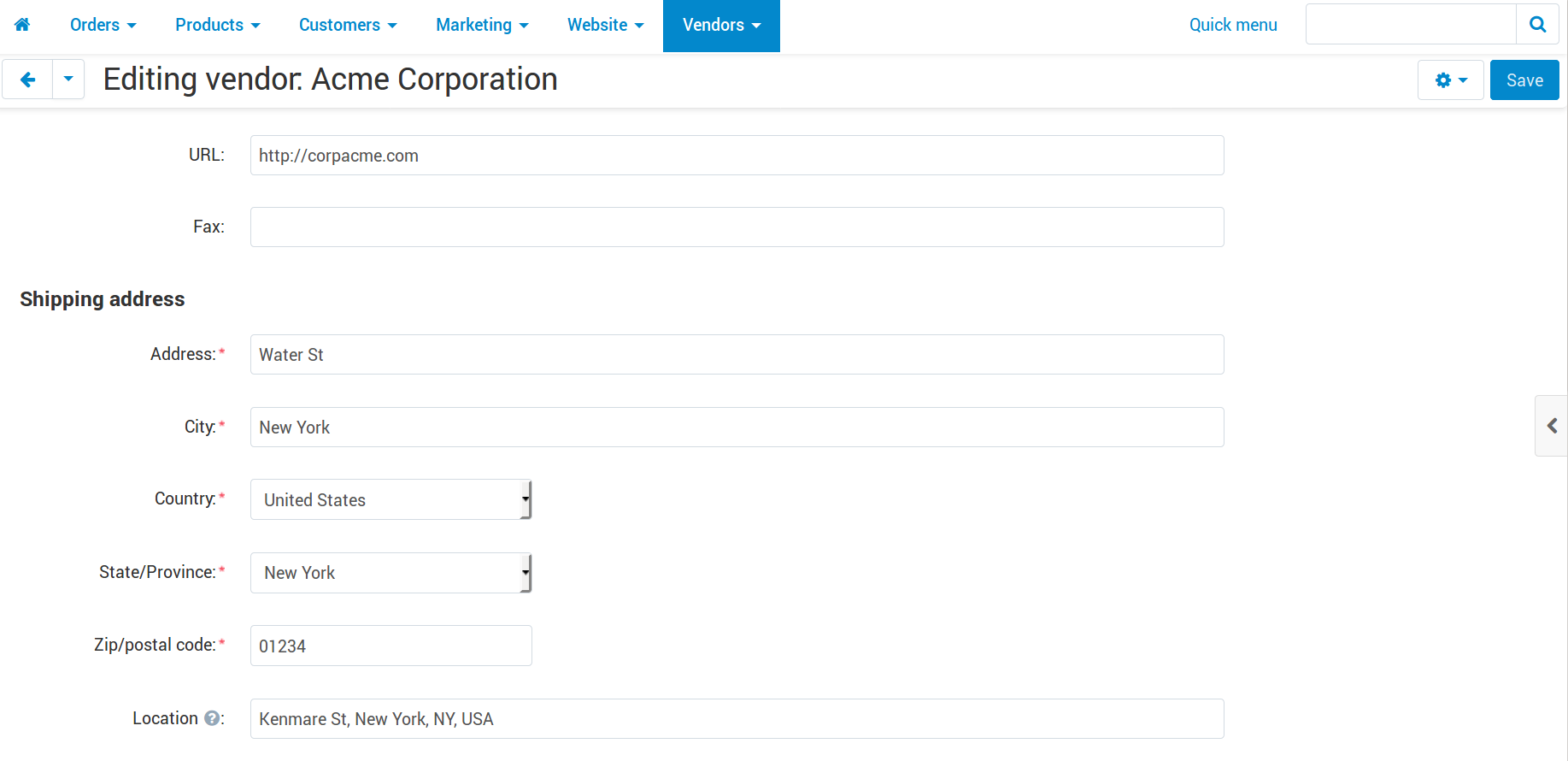 The location of a vendor as specified on the vendor's profile page