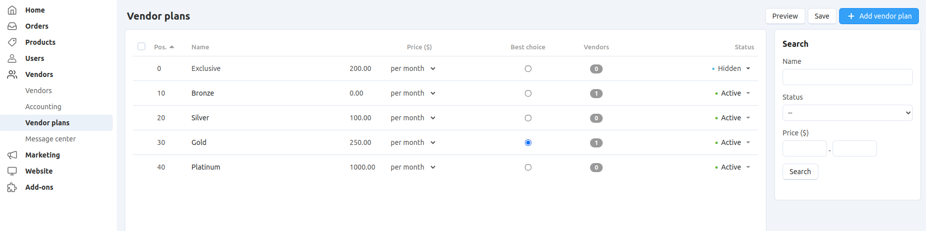 Vendor plans as they appear in the Administration panel.